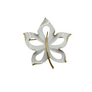 Signed NAPIER Leaf Brooch White Enamel Pin Designer Signed Costume Jewelry